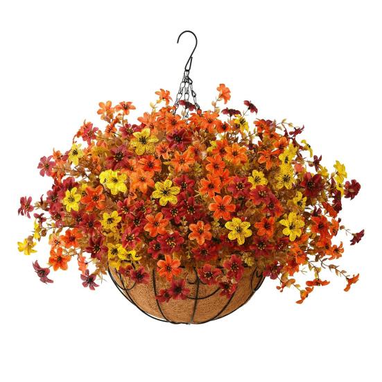 Yousheng Artificial Hanging Flowers Basket UV Resistant Outdoor Fake Hanging Plants Colorful Faux Silk Flowers Eucalyptus In Basket for Porch Patio