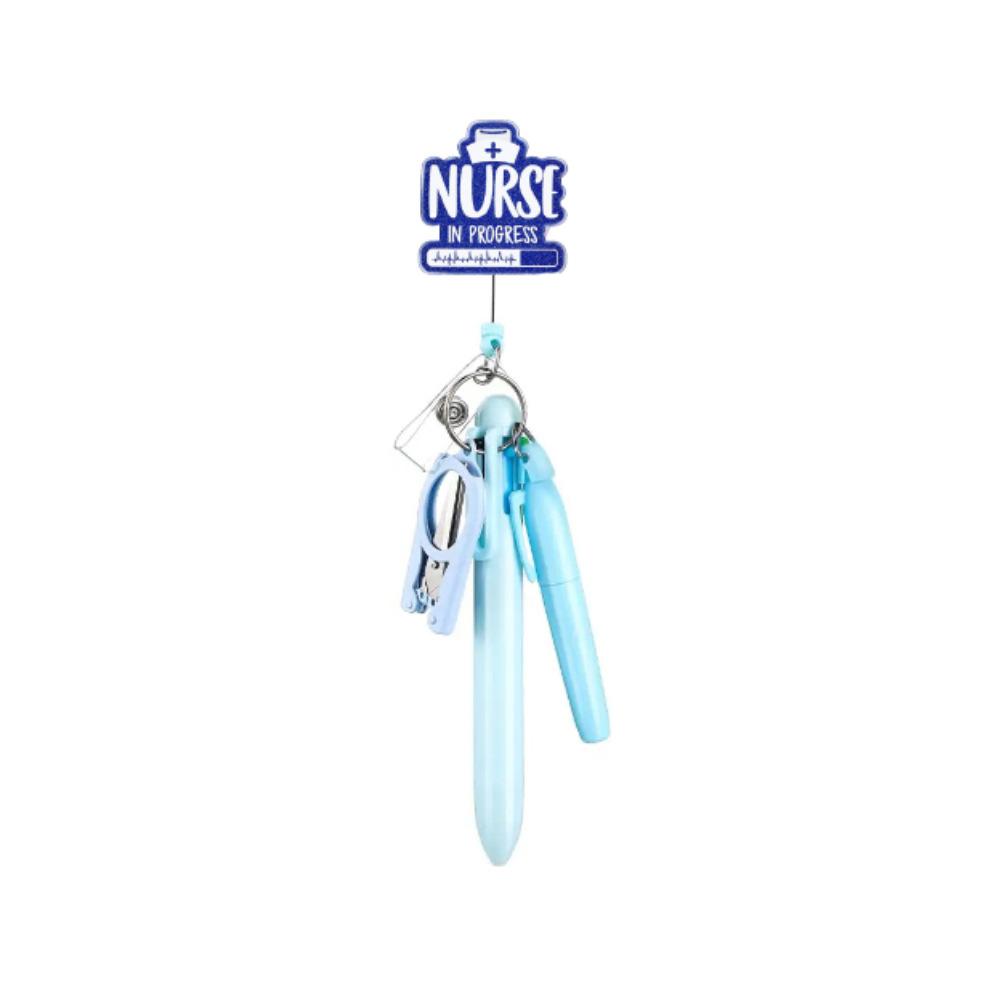 5Pcs Nurse Pen Set Nurse Badge Accessories Mini Retractable Ball Pens Highlighter Badge Clip LED Keychain Folding Scissors