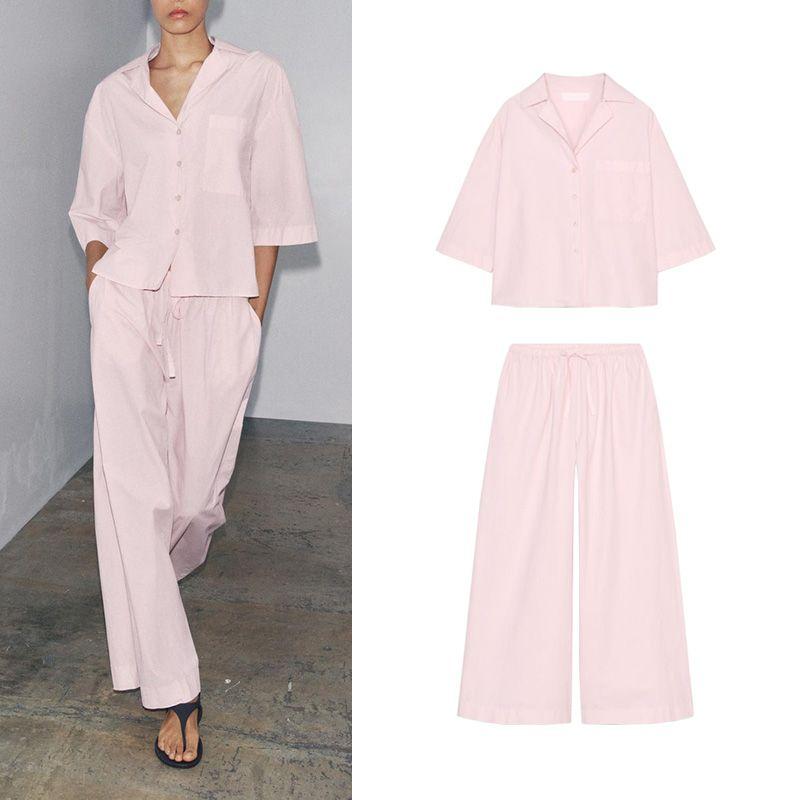 Cotton Blend Short Sleeve Lapel Short Shirt 2183062 Mid Waist Minimalist Wide Leg Casual Trousers 2183063