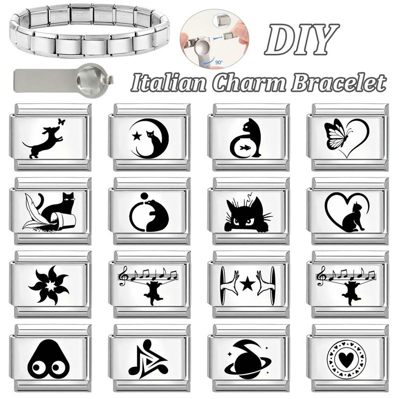 Cute Laser Engraving DIY Italian Charm Bracelet Butterfly Cat Heart Fish Music Beads 9MM Stainless Steel Personalized Jewelry