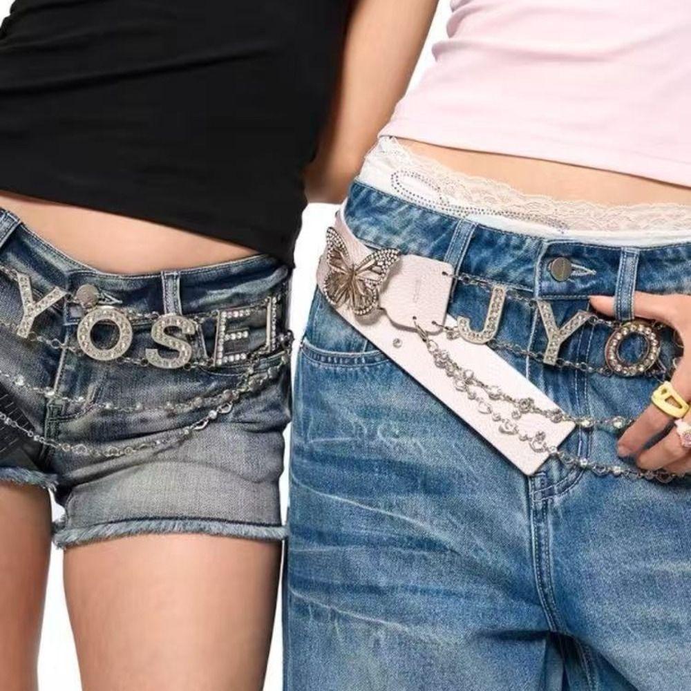 PU Leather Butterfly Waist Chain Spice Girl Y2K Waistband Rhinestone Belts  Decorative Jeans