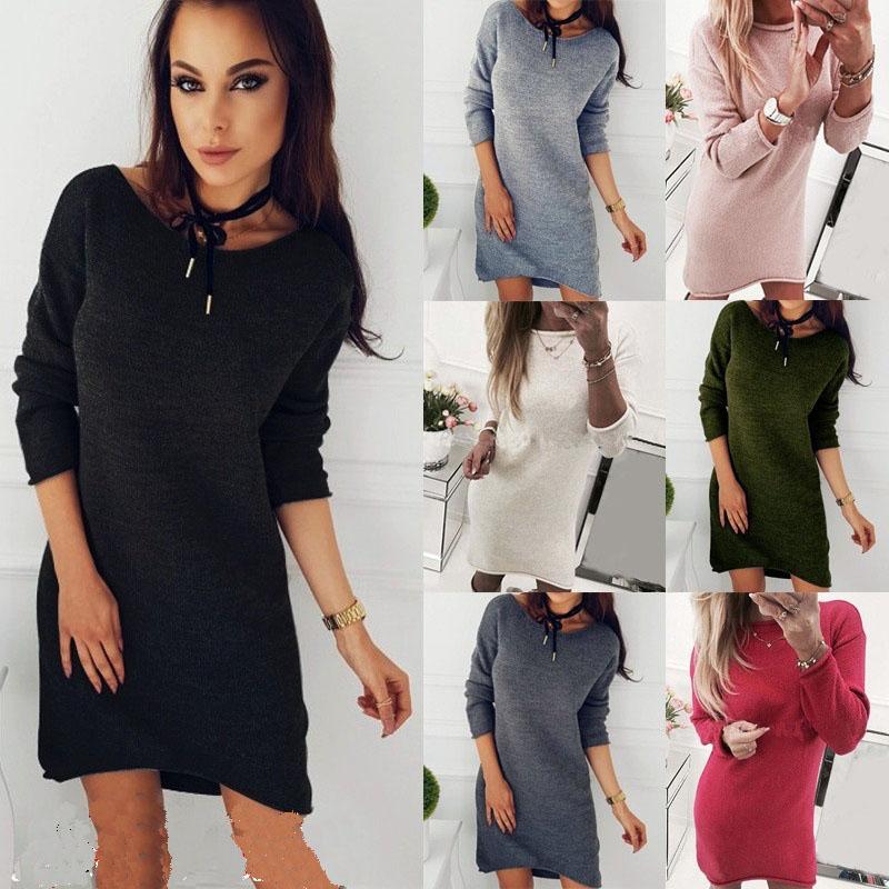Buy Women Solid Color Round Neck Long Sleeved Sweater Hoodie Dress at