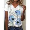 Summer V-neck 3D Flower Pattern Printed Top Fashionable Casual Short Sleeved Women's T-shirts