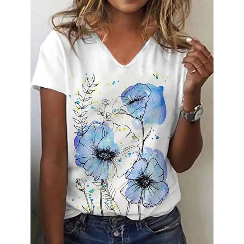 Summer V-neck 3D Flower Pattern Printed Top Fashionable Casual Short Sleeved Women's T-shirts
