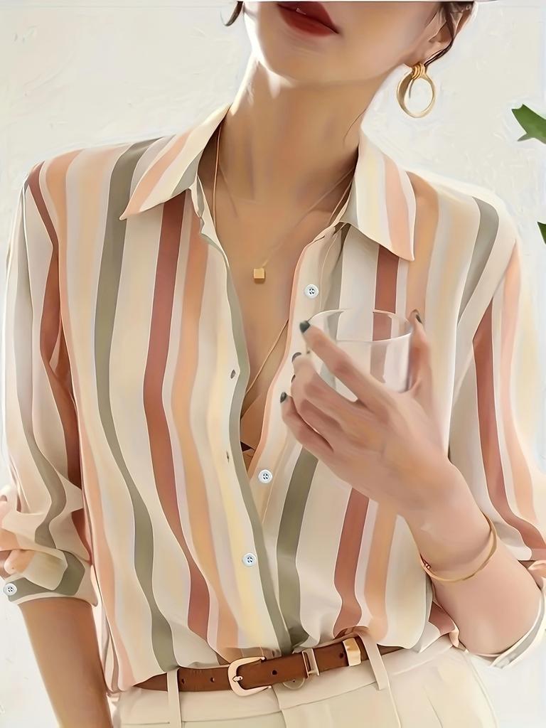 Ladies' Temperament Lapel Contrast Stripe Print Shirt