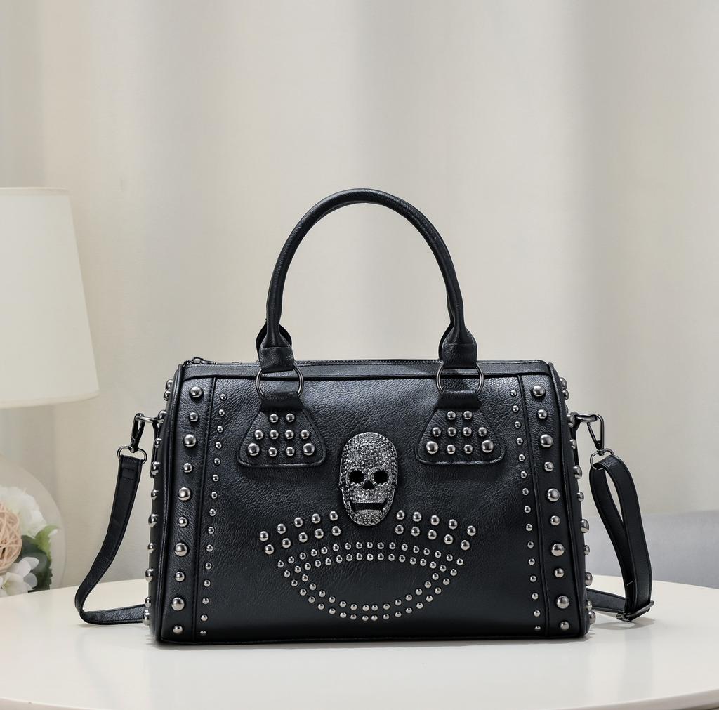 Women's Bag with Rivets, Black Skull Head, Versatile Shoulder Bag, Diagonal Cross Pillow Bag, Women's Bag