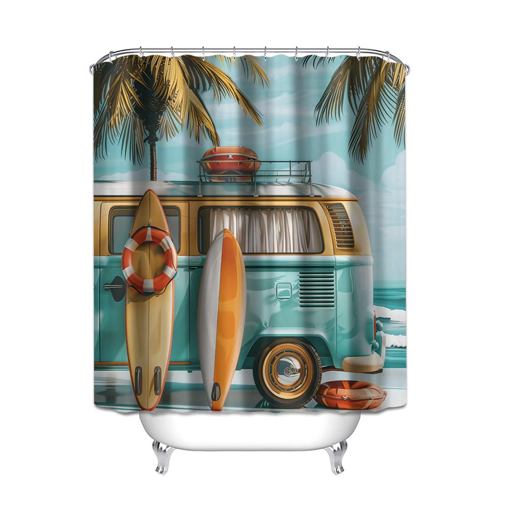 

Surfing Bus Cartoon Theme Shower Curtain, Waterproof Four Seasons Animal Design Bathroom Partition Curtain Decoration W60H190(CM)-1 Pcs
