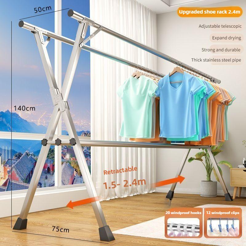 Varal de Roupa de Aço Inoxidável Doméstico Dobrável Cabide Varal Varanda 5 Varas Extensível Ferramenta de Secagem de Roupa