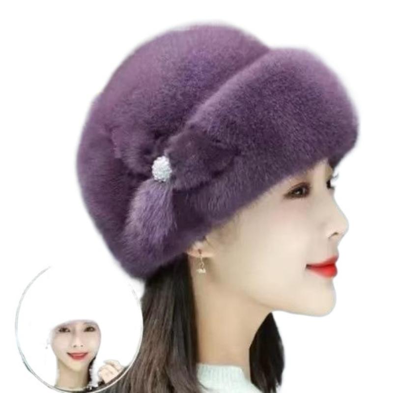 1Pieces Woman Faux Fur Winter Hat Thickened Keep Warm Middle-aged Cap Flower Decor Bucket Hats Cap Mountaineering Scarf