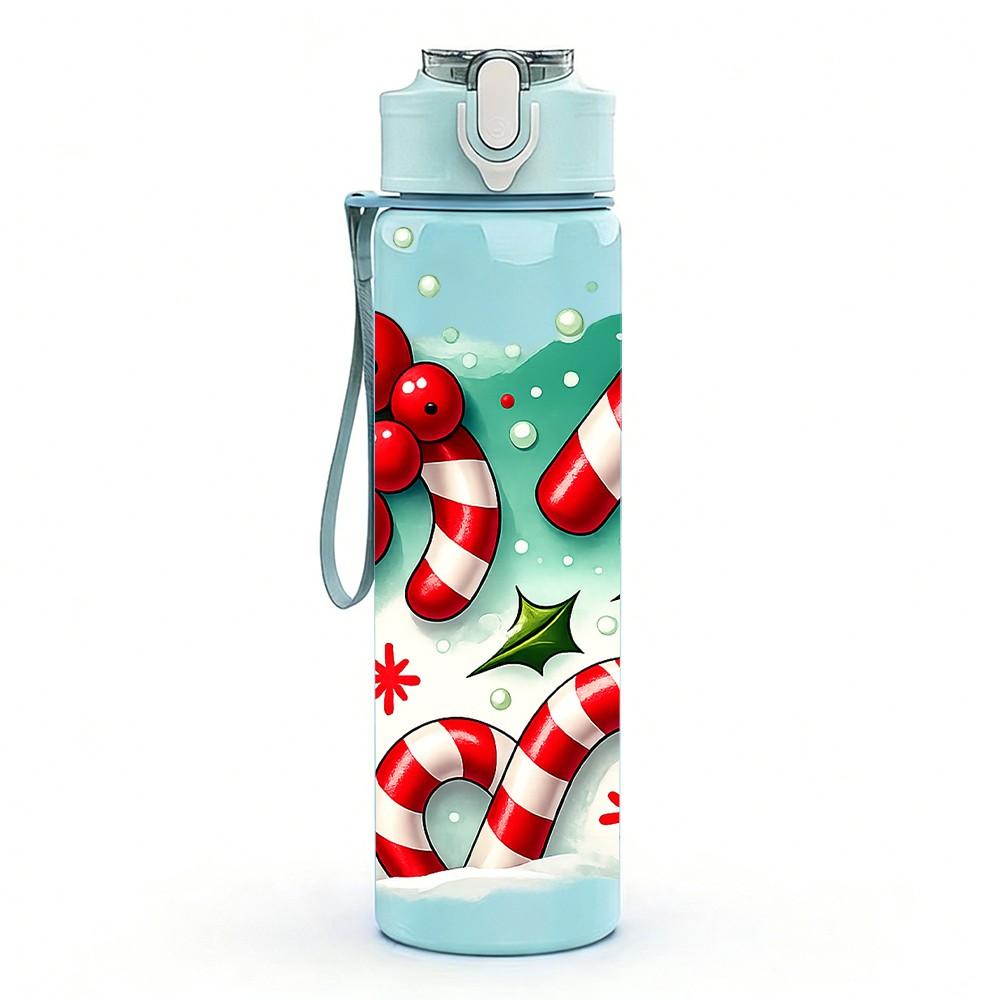1PC Candy Cane Christmas Festive Heart 750ml Color Plastic Sports Water Bottle Leakproof Flip Straw Lid Suitable for Sports Office Home Use