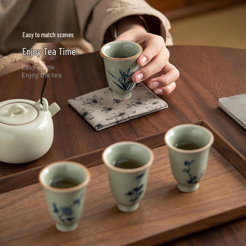 Ge Kiln Crackled Teacup Gift Set – Ice Crack Design with Plum, Orchid, Bamboo, Chrysanthemum Motifs.