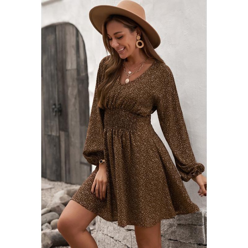 Summer New Polka Dot Women's Dress, Pullover V-neck Long-sleeved Pleated Waist Floral Slim-fit Skirt