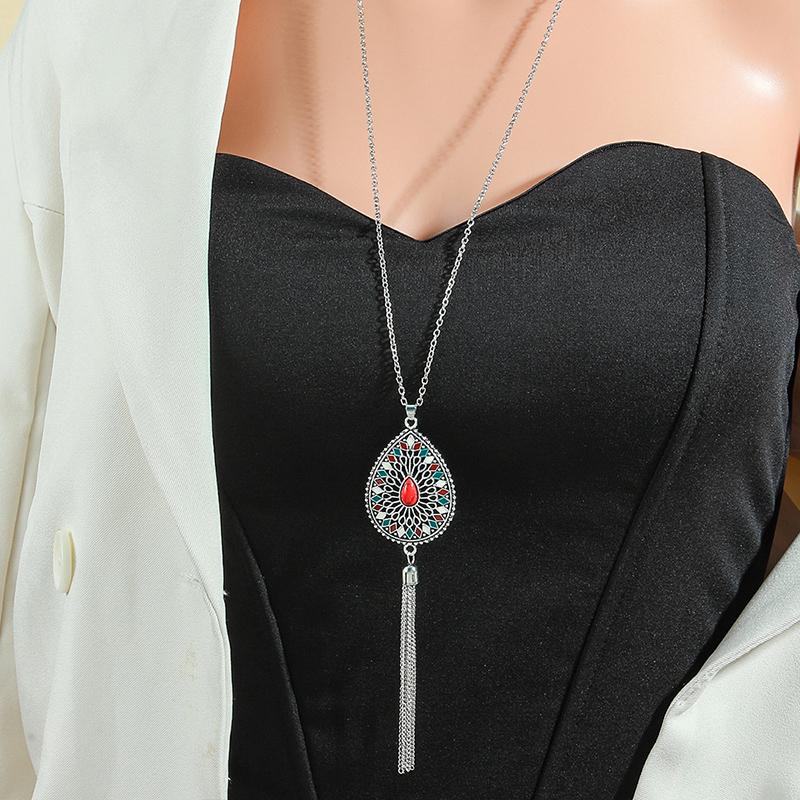 Ethnic Temperament Water Drop Earrings Necklaces Set for Women Vintage Hollow Drop Glaze Tassel Necklace Boho Female Jewelry
