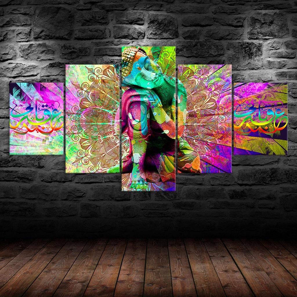 Abstract Buddha Thinking Vivid Psychedelic Scenery 5 Piece Five Panel Wall Canvas Print Modern Art Poster Home Decor Gift For Him For Her