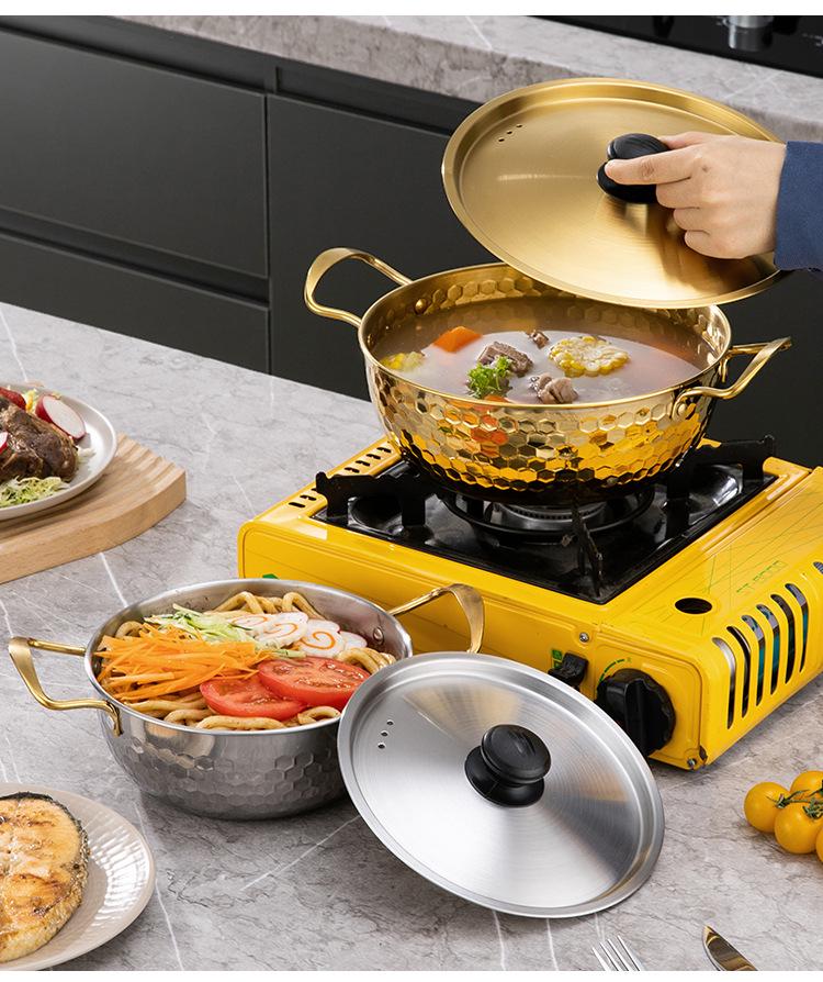 Golden Korean Style Hammered Stainless Steel Ramen Pot with Lid - Small Hot Pot Gift Set