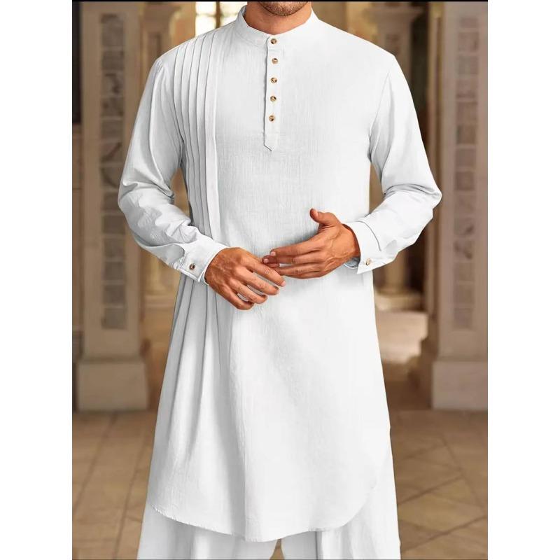 

New-style plain-coloured cotton-linen button-down long-sleeved casual shirt for Muslim men S