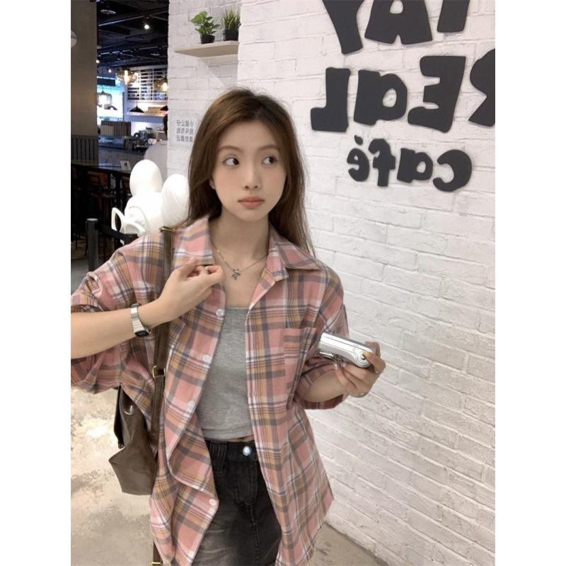 Koreanisches Hip Hop Retro Karo Oversized Kurzarmhemd für Damen