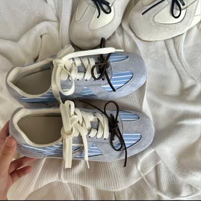 Retro Blue Striped German Training Shoes Women's 2025 Early Autumn Forrest Gump Shoes Versatile Breathable Ballet Sports and Leisure White Shoes
