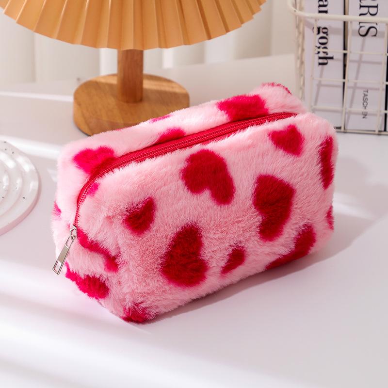 Cute Sweet Heart Pattern Plush Pencil Case Girly Women Large Capacity Cosmetic Bag Travel Portable Storage Bags Organizer Gifts