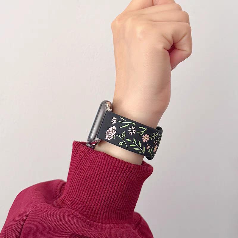 New Floral Engraved Bracelet For Apple Watch Band 44mm 42mm 41mm 40mm 45mm 49mm 46mm Correa Iwatch Series 10 9 7 SE 6 8 Ultra