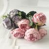 30cm Rose Pink Silk Peony Artificial Flowers Bouquet 5 Big Head and 4 Bud Cheap Fake Flowers for Home Wedding Decoration Indoor KTY