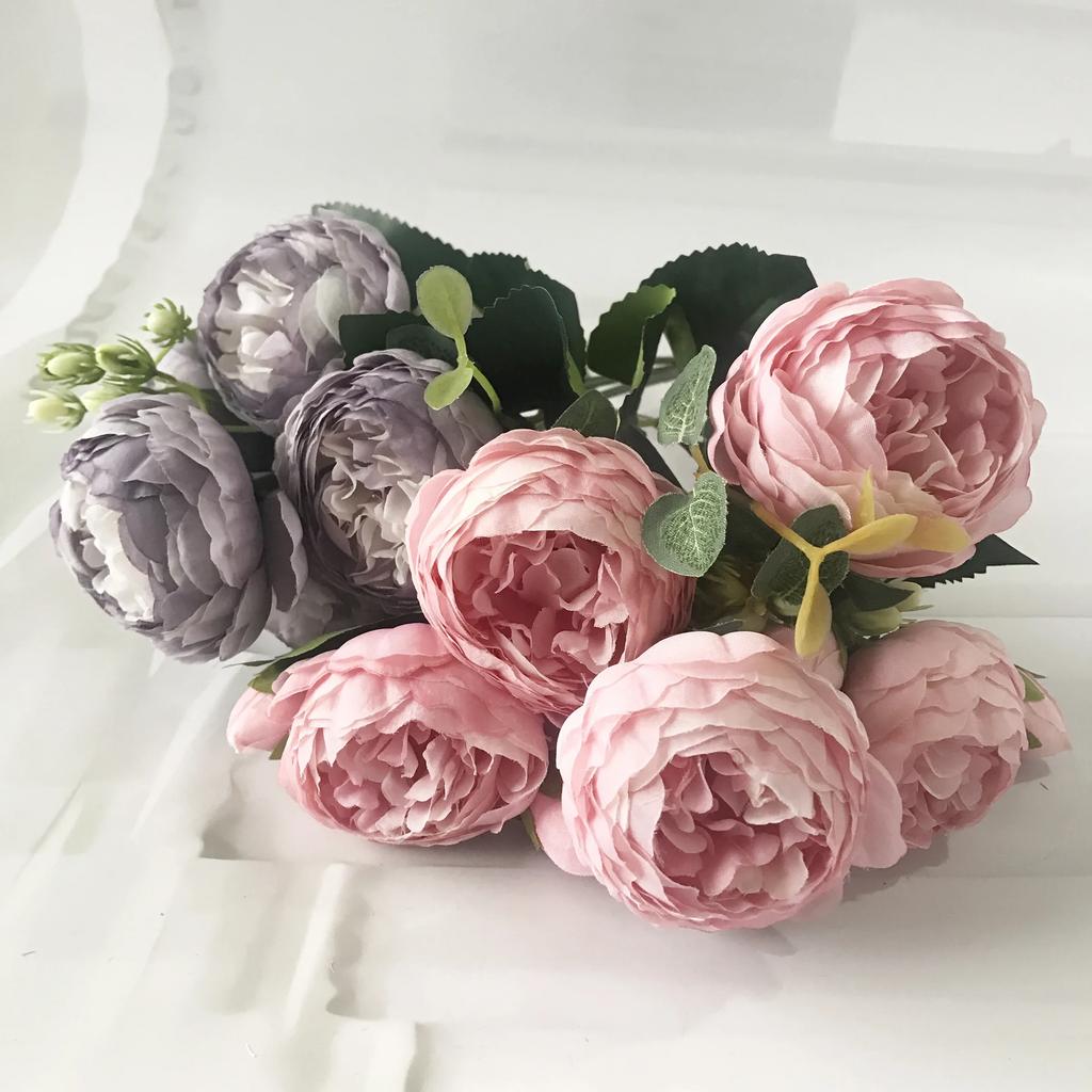 30cm Rose Pink Silk Peony Artificial Flowers Bouquet 5 Big Head and 4 Bud Cheap Fake Flowers for Home Wedding Decoration Indoor KTY
