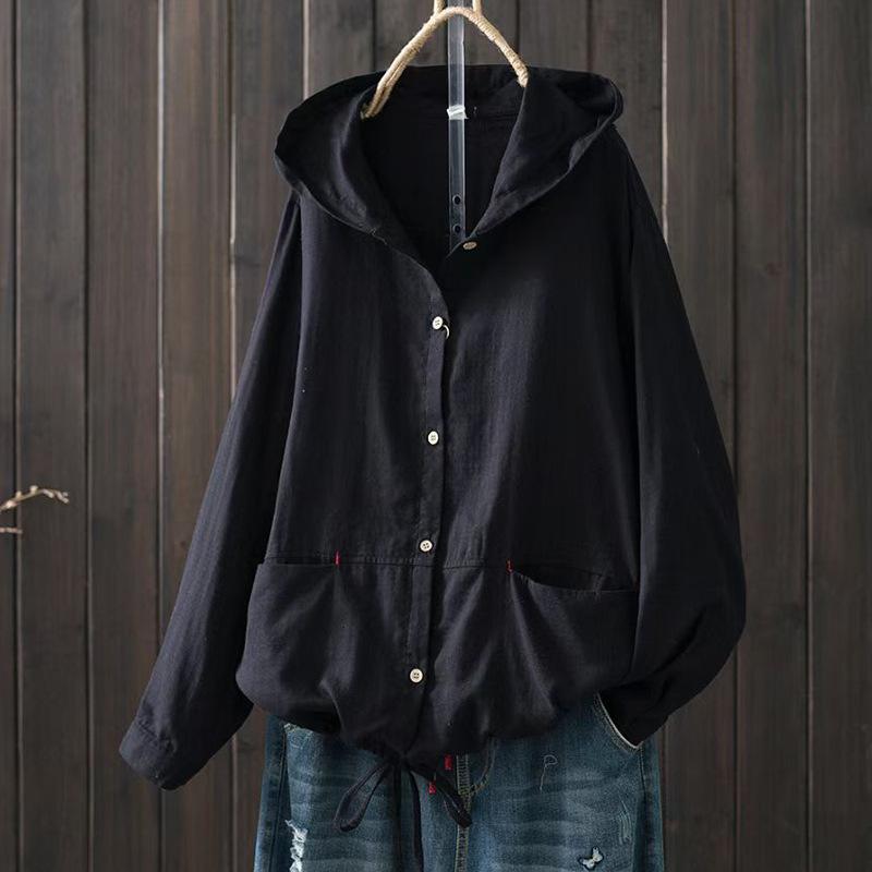 Japoneză coreeană de culoare solidă, largi, jachetă subțire, cu două straturi, din fire de bumbac, cu glugă, cu mâneci lungi, cardigan legat, haină subțire, îmbrăcăminte pentru femei