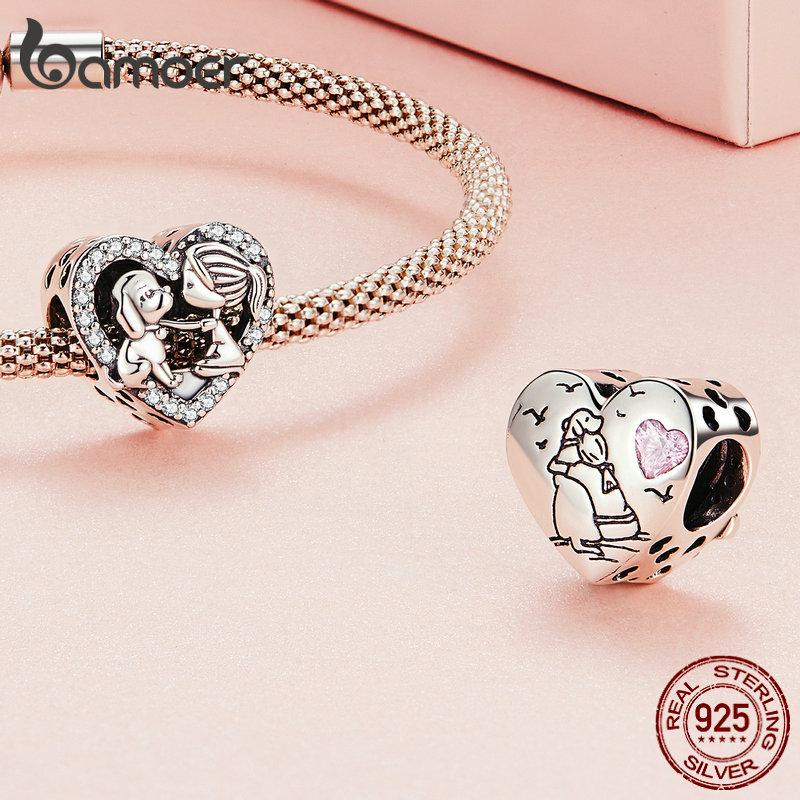 Bamoer Argent 925 Zircon Rose Pendentifs Patte d'Animal Breloques Forme de Cœur Perles Chien pour Bracelet et Collier Femme DIY SCC2434
