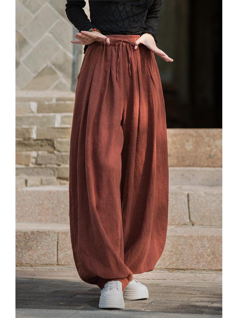Spodnie damskie typu lampion z bawełny i lnu z elastyczną talią – wiosenno-letnie spodnie casualowe