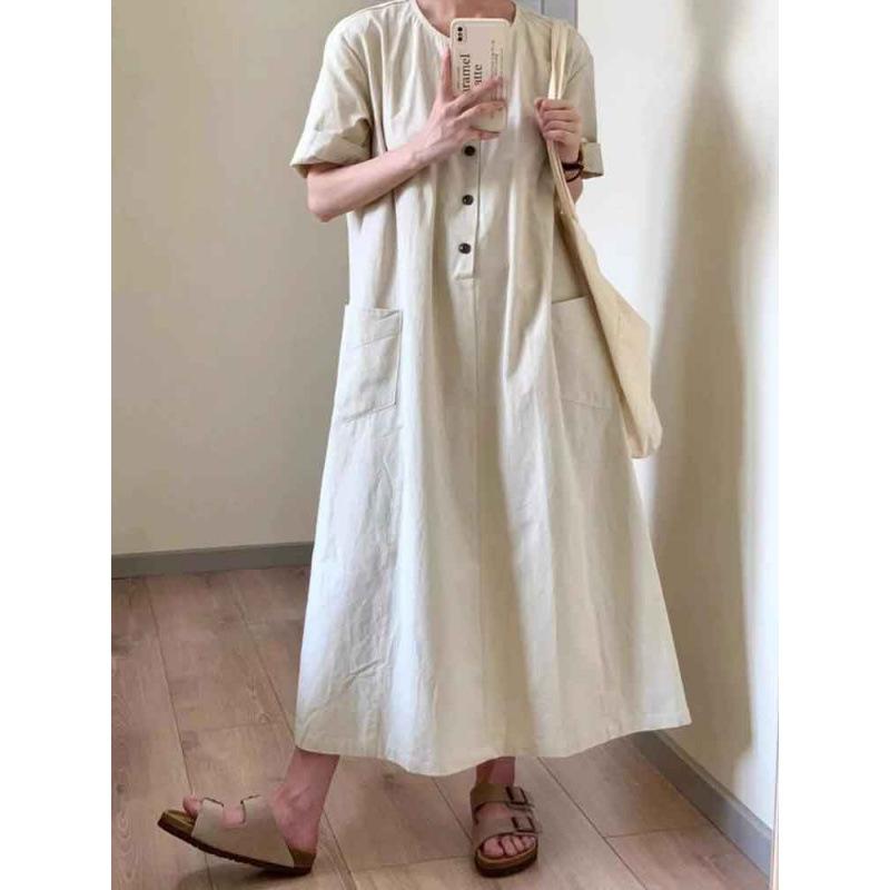 Women's summer new literary and retro Japanese long dress loose casual and thin short-sleeved dress small lazy style