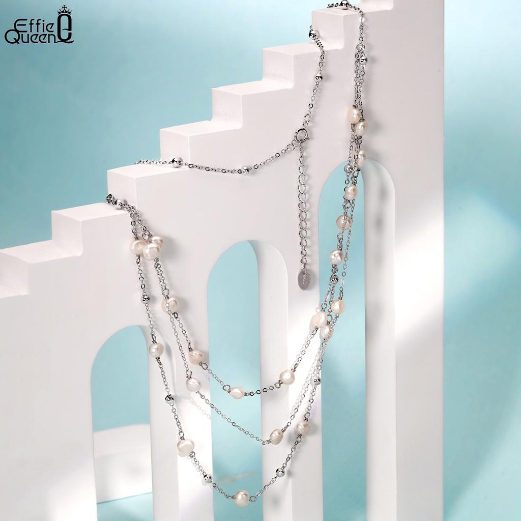EFFIE QUEEN 925 Solid Sterling Silver 14k Gold Triple Layered Pearl Choker Necklace Luxury Jewelry for Women Wedding Party GPN89