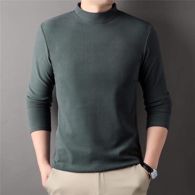 

Мужская футболка с длинным рукавом из двустороннего флиса на осень/зиму 2025, полувысокий воротник, однотонная, универсальный базовый слой из немецкого бархата 2XL (73-80kg) темно-зеленого