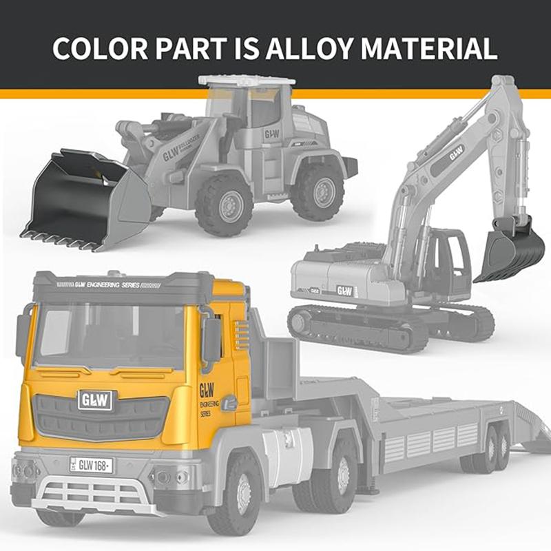 1:40 Light And Sound Simulation Engineering Trailer Truck With Bulldozer Excavator Alloy Toys Diecast Construction For Boys Gift
