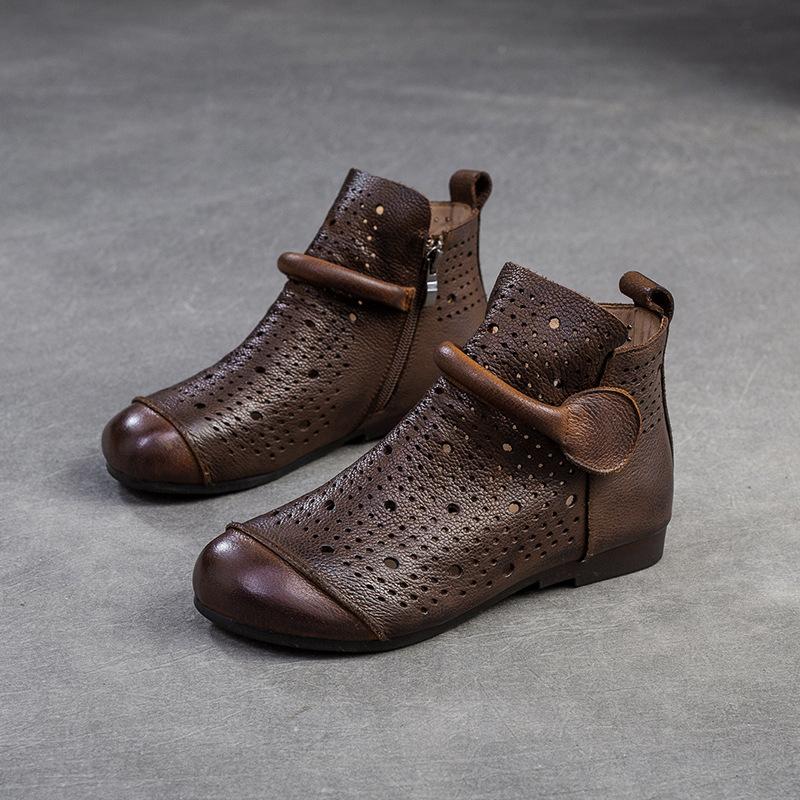 Spring New Arrival Vintage Style Perforated High Top Loafers Breathable Hollow Out Side Zipper Women Boots