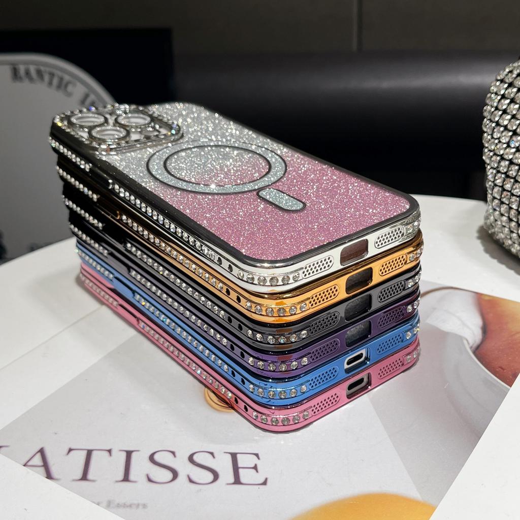 Plating Glitter Bling Diamond Camera Lens Protector Bumper Phone Case For iPhone 17 Air 16 15 14 Pro Max Samsung S25 S24 S23 Magnetic Protective Cover
