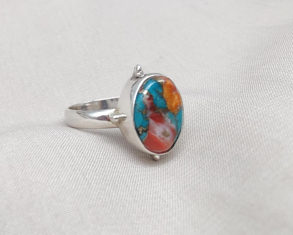 925 Sterling Silver Spiny Oyster Turquoise Ring: Handmade Boho Jewelry