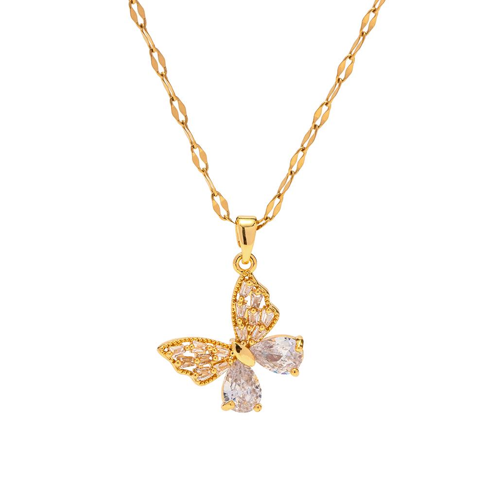 Youthway Stainless Steel  Pvd Gold Plated White Zircon Butterfly Pendant Necklace Waterproof Jewelry Gift