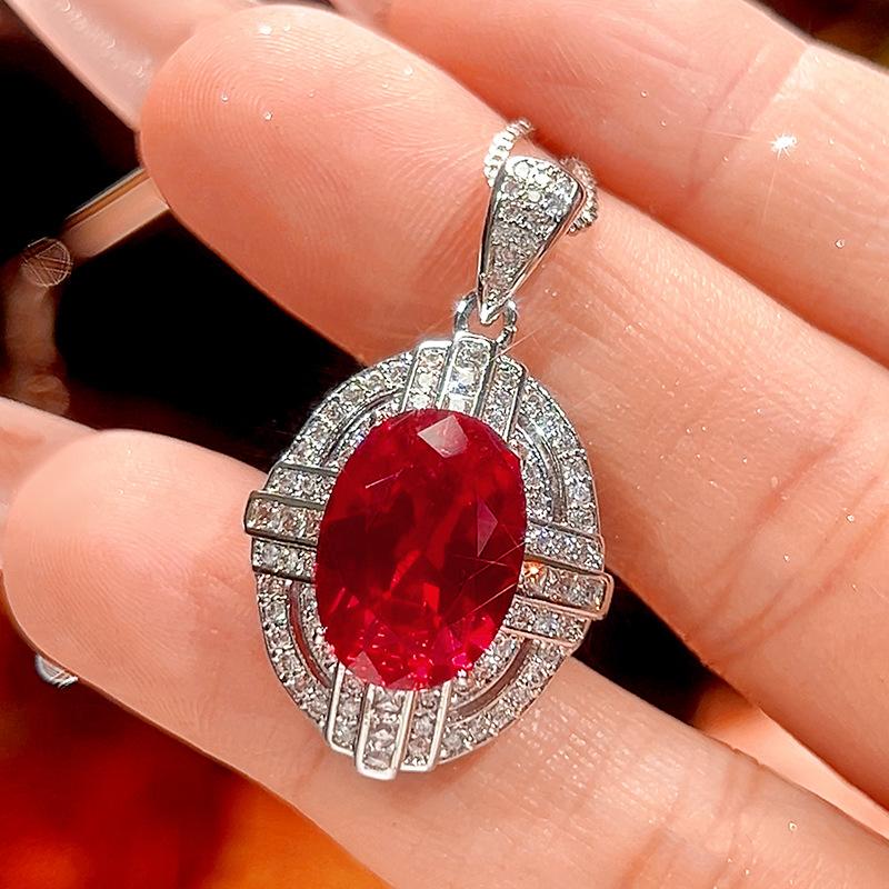 Luxury Oval Cut Red Blue Created Ruby Sapphire Ring Pendant Necklace CZ Adjustable Ring Fine Jewelry for Women Wedding Party