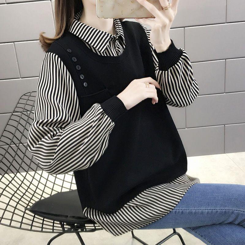 

Поддельные две футболки, женская блузка, весенне-осенняя свободная корейская трикотажная одежда с длинными рукавами, женская мода, универсальная женская одежда XXXL чёрный