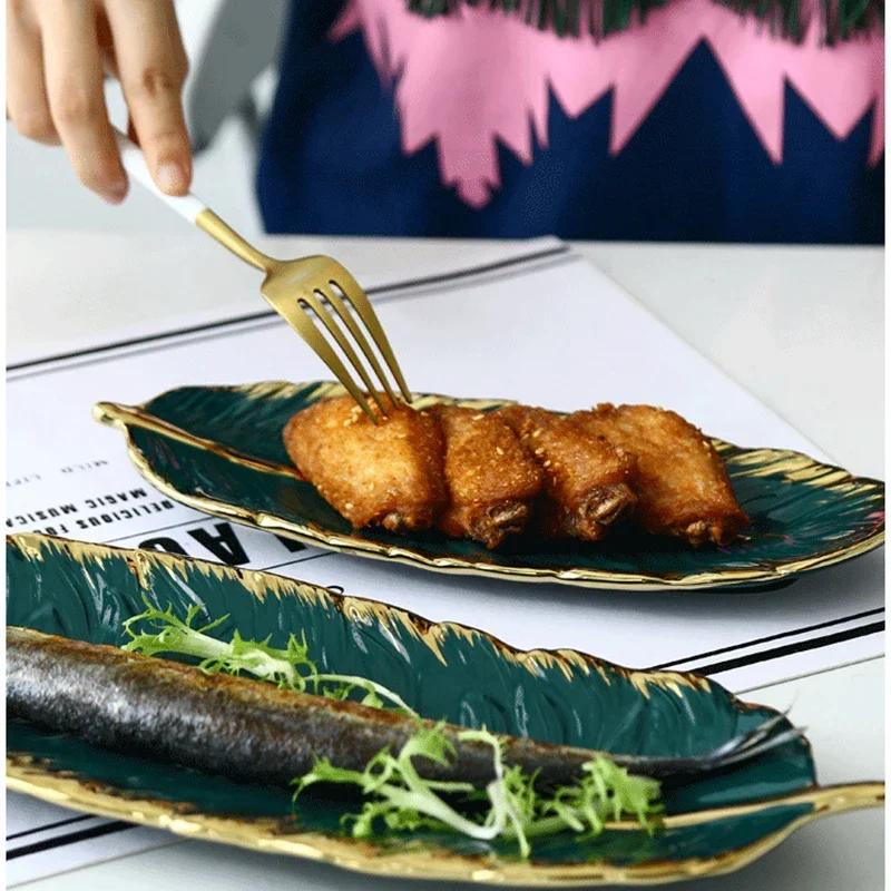 Nordic Ceramic Feather Plate Banana Leaf Tableware Fruit Snack Tray Kitchen Home Decoration Accessories Dinner Sushi Cake Plate