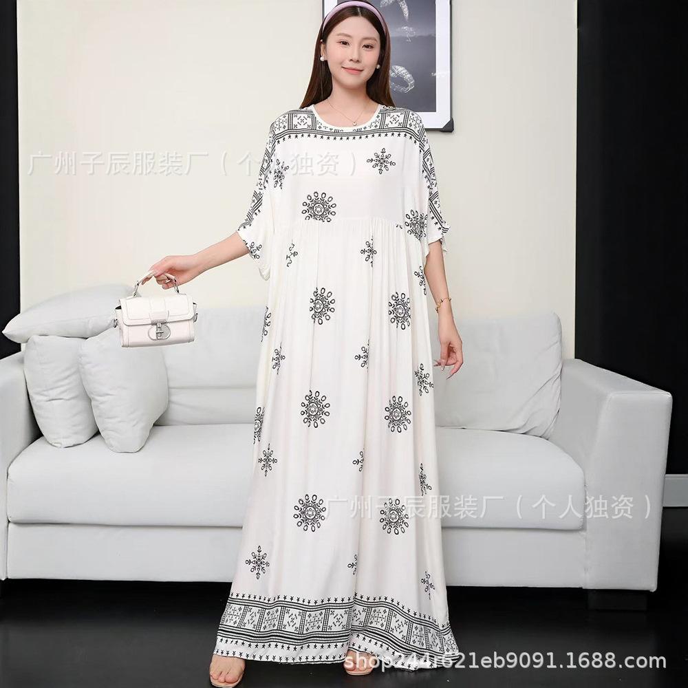 South East Asia 100kg super fat dress fat girl plus short sleeve maternity dress loose floral beach long skirt