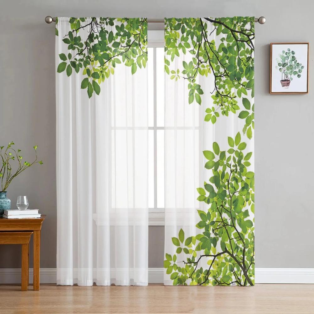 2pcs Plant Green Forest Greenery Vine Pattern Chiffon Sheer Curtains Window Drapes For Bedroom Living Room Home Decoration
