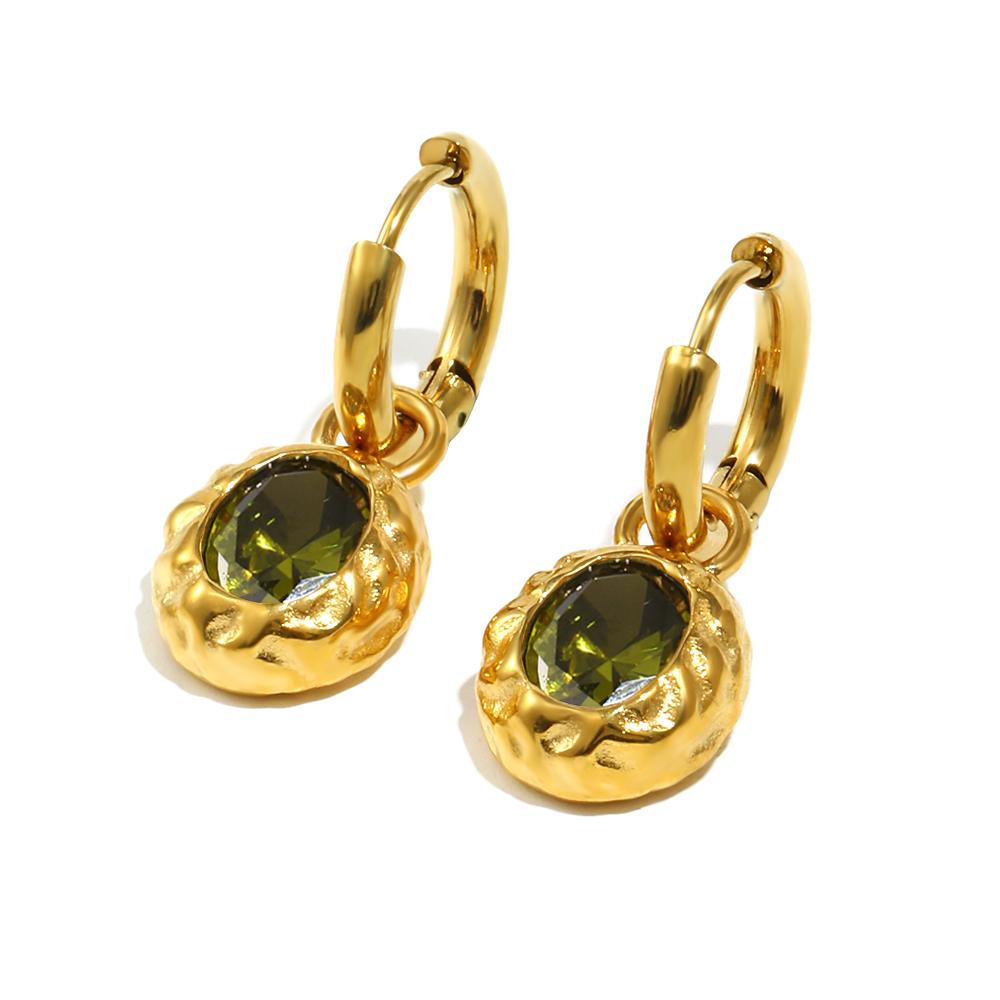 

E.B.belle Colorful Zircon Stone Hoop Earring Hammered Pattern Oval Earrings Stainless Steel Gold Plated For Women s Gift зелений