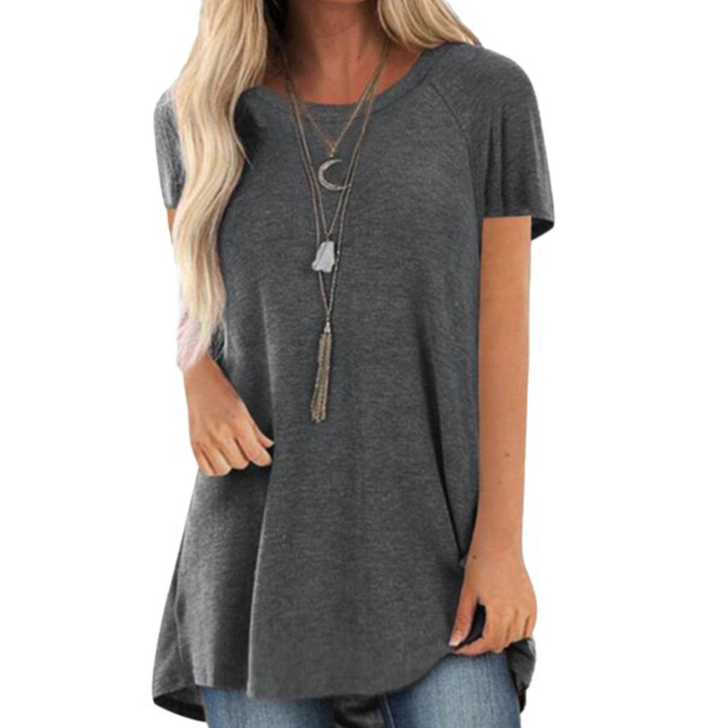 Women T-shirt Round Neck Short Sleeve Top Solid Color Casual T Shirt