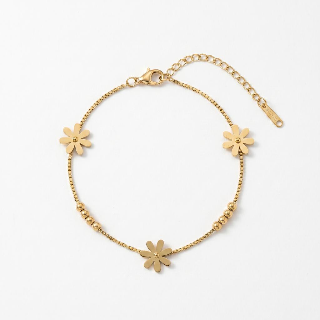 QIAOREN 11946 Elegant Boho Daisy Charm Bracelet Gold Stainless Steel Box Chain Beaded Floral Jewelry for Women EU US Hot Sell