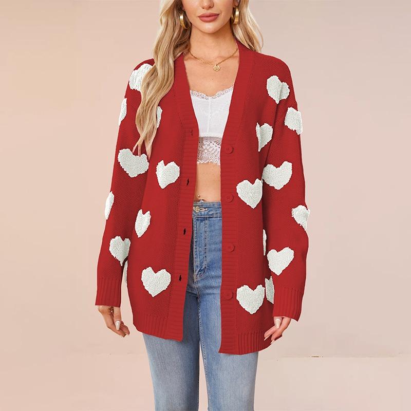 New Valentine's Day love knitted cardigan V-neck button medium and long coat for women