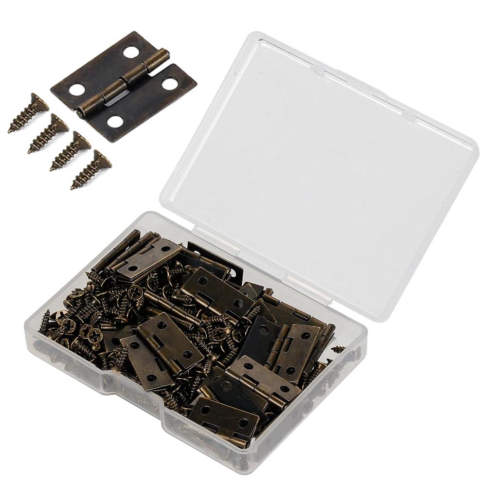 50pcs/box Hinges+200 Screws Iron Golden Black Bronze 4 Holes 18*16mm Mini Rounded Hinge DIY Box Gifts Furniture Hardware