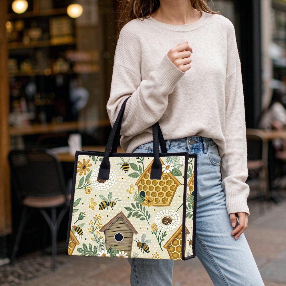 Cute Bee Floral Print Tote Bag Casual Daily Shoulder Handbag Women Fashion Outdoor Carry Bag