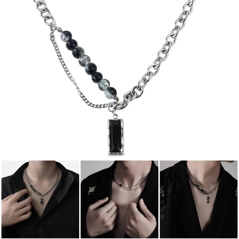Unisex Black Stone Pendant Necklace Trendy Layering Necklace Titanium Steel Jewelry Perfect for Casual or Formal Outfits