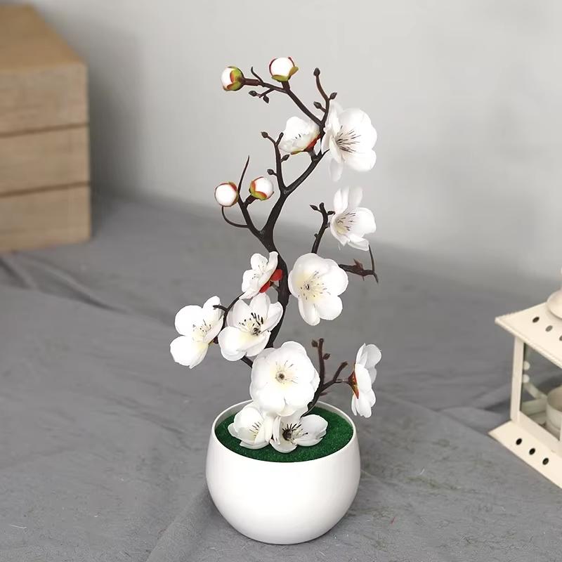 Artificial Plum Blossom Potted Plant Ornament — Chinese Zen-Style Desktop Decorative Flower Multi-Color Mini Artificial Flowers S